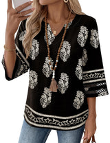 LOMON Womens 3/4 Sleeve V Neck Bohemian Blouses Casual Loose Fit Tunic Tops Vacation Clothes