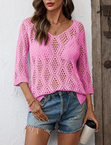 LOMON Womens 3/4 Sleeve Crochet Tops Off Shoulder Hollow Out Sweater V Neck Casual Loose Fit Beach Cover Up