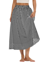LOMON Midi Skirts for Women A-Line Cotton Flowy Maxi Skirt Boho Summer Beach Casual Elastic Waist Dress Outfit with Pockets