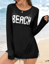 LOMON Beach Cover Up for Women Letter Print Long Sleeve Sweater Crochet Tops Shirts Casual Crewneck Split Hem Pullover