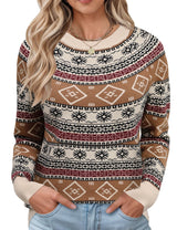 LOMON Womens Casual Lightweight Vintage Fair Isle Sweater Raglan Sleeve Crew Neck Knitted Pullover Comfy Warm Fall Tops