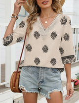 LOMON Women's 3/4 Length Sleeve Boho Tops V Neck Lace Summer Outfits Dressy Casual Flowy Shirts Vacation Clothes Blouses