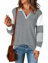 LOMON V Neck Long Sleeve Loose Sweaters Color Block Striped Knitted Pullover Jumper Tops