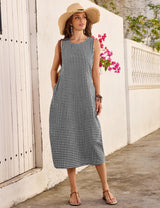 LOMON Summer Dresses for Women Cotton Casual Maxi Dress Beach Vacation Long Sundresses Plaid Striped with Pockets
