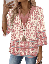LOMON Women's 3/4 Length Sleeve Boho Tops V Neck Lace Summer Outfits Dressy Casual Flowy Shirts Vacation Clothes Blouses