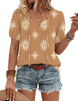 LOMON Boho Tops for Women Summer V-Neck Tie Front Peasant Blouses Casual Puff Sleeve Loose-Fit Flowy Shirts Beach Vacation