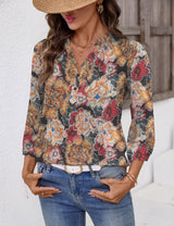 LOMON Womens Tops Dressy Summer 3/4 Length Sleeve Henley V Neck Button Down Shirts Pleated Blouses S-XXL
