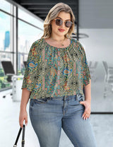 LOMON Womens Plus Size Tops Summer 3/4 Length Sleeve Crewneck Blouses Dressy Casual Loose Curvy Flowy Tunic Shirts 1X-5X