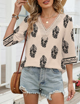 LOMON Women's 3/4 Length Sleeve Boho Tops V Neck Lace Summer Outfits Dressy Casual Flowy Shirts Vacation Clothes Blouses