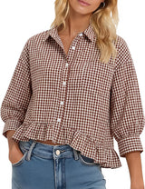 LOMON Womens 3/4 Sleeve Button Down Tops Dressy Casual Collared Shirts Blouses Ruffle Babydoll Tops Loose Fit