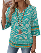LOMON Womens 3/4 Sleeve V Neck Bohemian Blouses Casual Loose Fit Tunic Tops Vacation Clothes