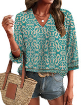 LOMON Womens 3/4 Sleeve V Neck Boho Peasant Blouses Dressy Casual Breathable Soft Tunic Tops with Button Cuffs