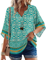 LOMON Women's 3/4 Length Sleeve Boho Tops V Neck Casual Vacation Clothes Loose Fit Tunic Shirts S-3XL