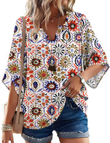 LOMON Women's 3/4 Length Sleeve Boho Tops V Neck Casual Vacation Clothes Loose Fit Tunic Shirts S-3XL