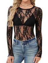 LOMON Womens Mesh Tops Lace Shirts Long Sleeve Crew Neck Sexy See Through Blouses Tee Party Club Night