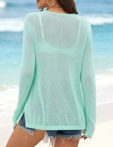 LOMON Beach Cover Up for Women Letter Print Long Sleeve Sweater Crochet Tops Shirts Casual Crewneck Split Hem Pullover