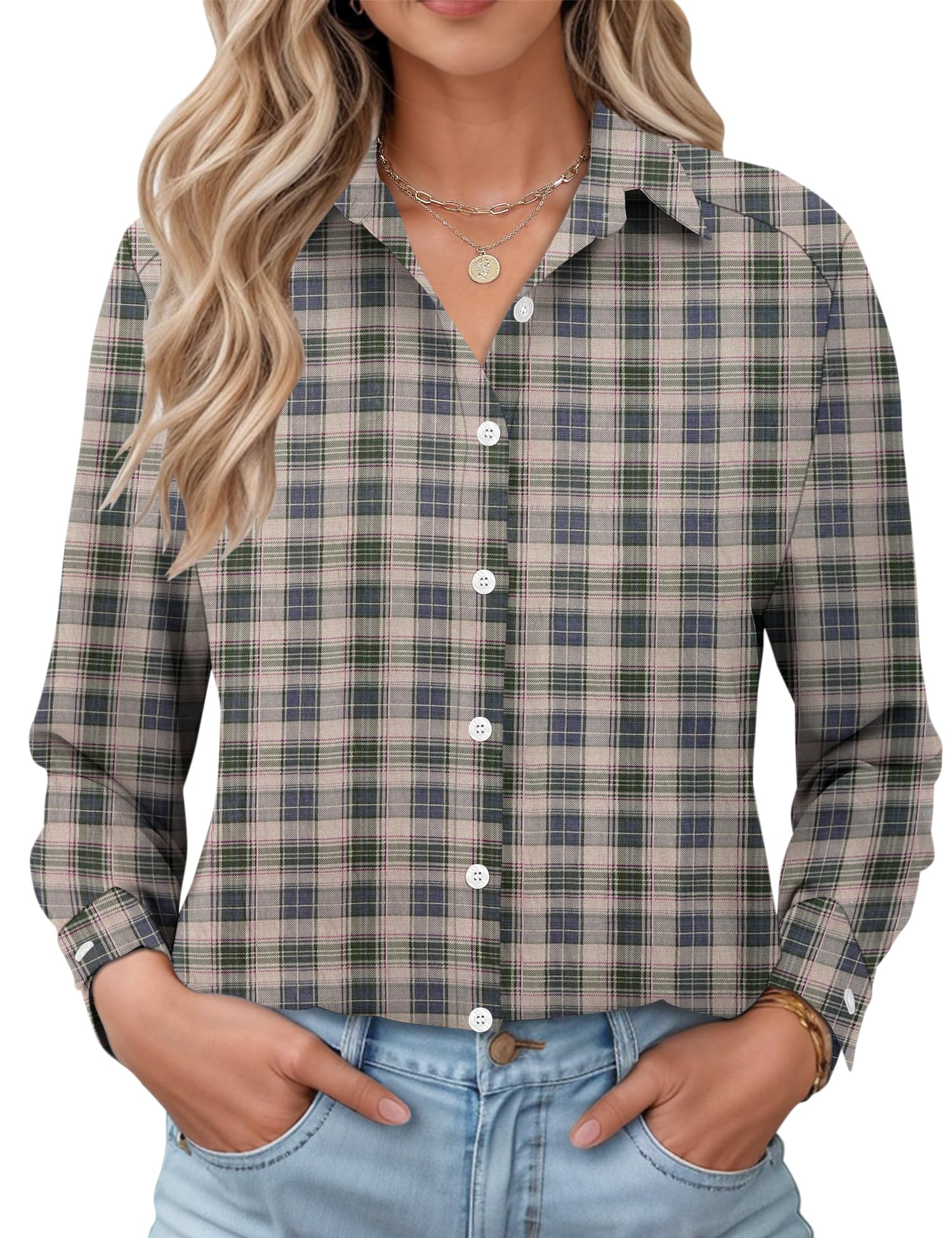 LOMON Womens Long Sleeve Button Down Shirts Casual Loose Fit Cotton Collared Blouses