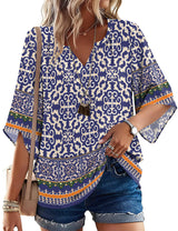 LOMON Women's 3/4 Length Sleeve Boho Tops V Neck Casual Vacation Clothes Loose Fit Tunic Shirts S-3XL