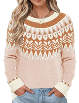 LOMON Womens Casual Lightweight Vintage Fair Isle Sweater Raglan Sleeve Crew Neck Knitted Pullover Comfy Warm Fall Tops