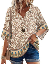 LOMON Women's 3/4 Length Sleeve Boho Tops V Neck Casual Vacation Clothes Loose Fit Tunic Shirts S-3XL