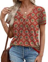 LOMON Womens Summer Tops Short Sleeve V Neck Pleated T-Shirts Loose Fit Dressy Casual Blouses S-XXL