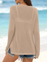 LOMON Beach Cover Up for Women Letter Print Long Sleeve Sweater Crochet Tops Shirts Casual Crewneck Split Hem Pullover