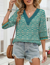 LOMON Women's 3/4 Length Sleeve Boho Tops V Neck Lace Summer Outfits Dressy Casual Flowy Shirts Vacation Clothes Blouses