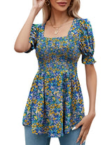 LOMON Women's Tunics Square Neck Puff Short Sleeve Smocked Top Ladies Peplum Blouse Tee Shirts 2025 Spring Summer S-XL