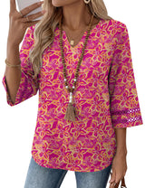 LOMON Womens 3/4 Sleeve V Neck Bohemian Blouses Casual Loose Fit Tunic Tops Vacation Clothes