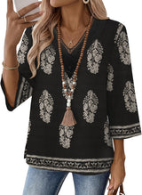 LOMON Women's 3/4 Length Sleeve Boho Tops V Neck Lace Summer Outfits Dressy Casual Flowy Shirts Vacation Clothes Blouses