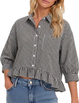 LOMON Womens 3/4 Sleeve Button Down Tops Dressy Casual Collared Shirts Blouses Ruffle Babydoll Tops Loose Fit