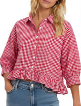 LOMON Womens 3/4 Sleeve Button Down Tops Dressy Casual Collared Shirts Blouses Ruffle Babydoll Tops Loose Fit