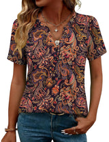LOMON Womens Tops Dressy Casual V Neck Short Sleeve Shirts Summer Pleated Blouses Button Down Tunic Loose Fit