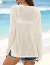LOMON Beach Cover Up for Women Letter Print Long Sleeve Sweater Crochet Tops Shirts Casual Crewneck Split Hem Pullover