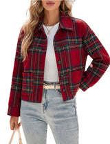 LOMON Women's Flannel Cropped Plaid Shacket Jacket Button Down Fall Outfits