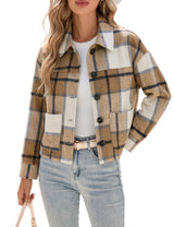 LOMON Women's Flannel Cropped Plaid Shacket Jacket Button Down Fall Outfits
