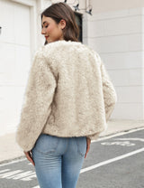 LOMON Women's Winter Cropped Faux Fur Coat Long Sleeve Open Front Cardigan