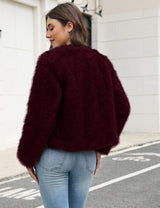 LOMON Women's Winter Cropped Faux Fur Coat Long Sleeve Open Front Cardigan