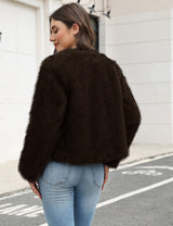 LOMON Women's Winter Cropped Faux Fur Coat Long Sleeve Open Front Cardigan