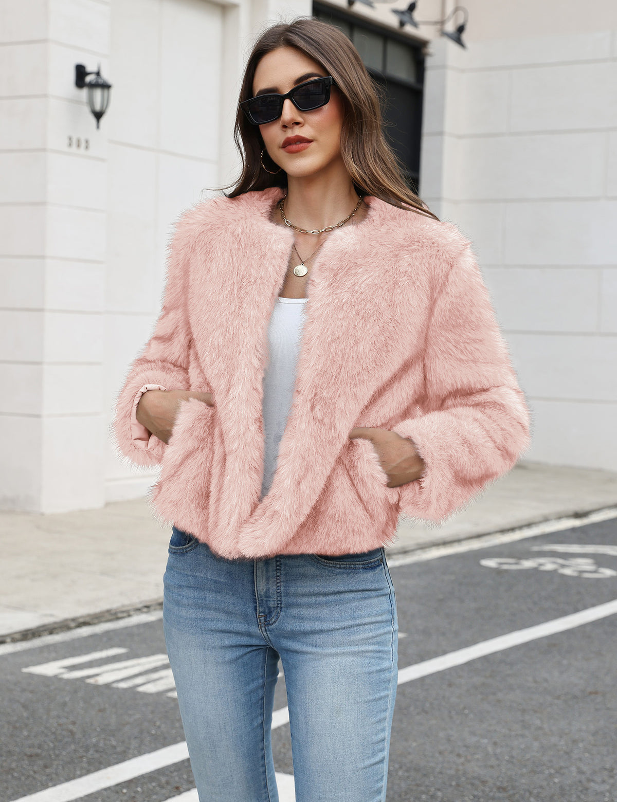 LOMON Women's Winter Cropped Faux Fur Coat Long Sleeve Open Front Cardigan