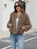 LOMON Women's Winter Cropped Faux Fur Coat Long Sleeve Open Front Cardigan