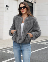 LOMON Women's Winter Cropped Faux Fur Coat Long Sleeve Open Front Cardigan