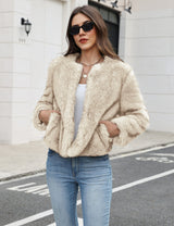 LOMON Women's Winter Cropped Faux Fur Coat Long Sleeve Open Front Cardigan