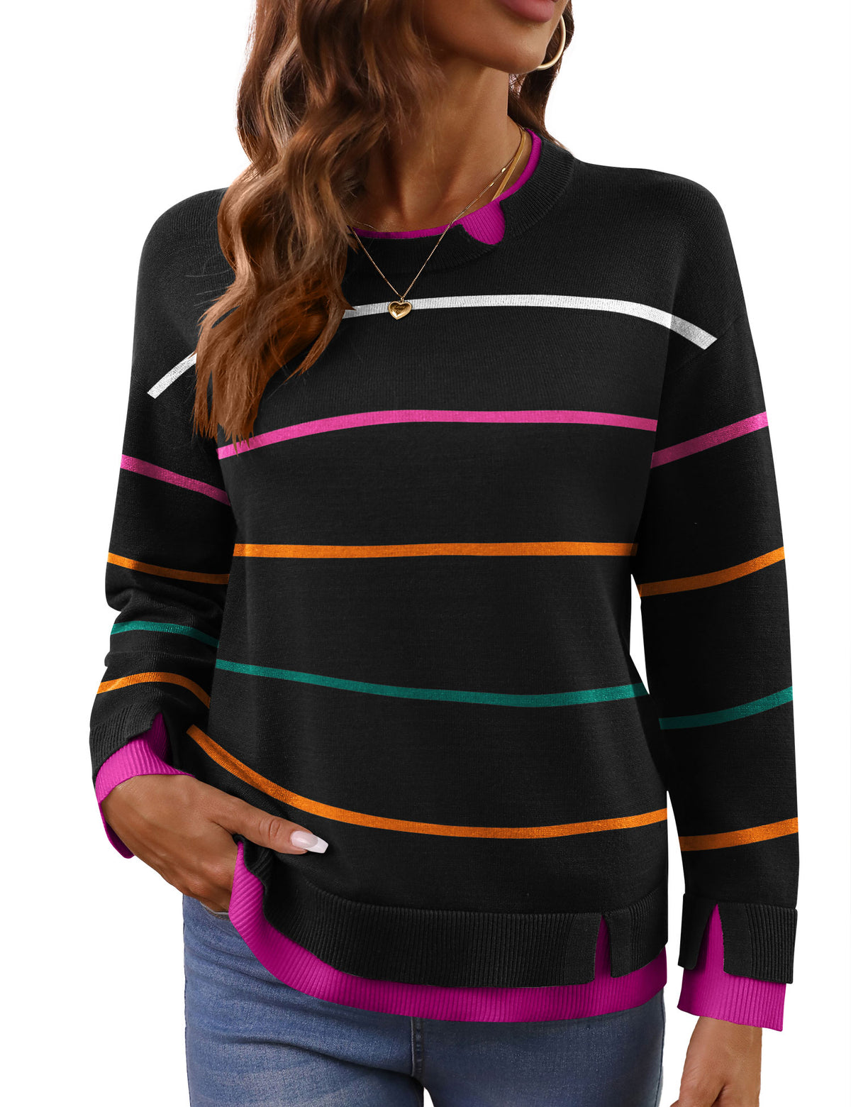LOMON Womens Sweaters Cozy Long Sleeve Pullover Tops Faux Layered Sweaters