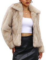 LOMON Faux Fur Coat Women Two-Tone Cropped Fluffy Jacket