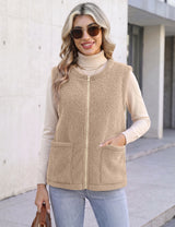 LOMON Womens Fuzzy Fleece Vest Warm Sleeveless Zip-Up Sherpa Jacket